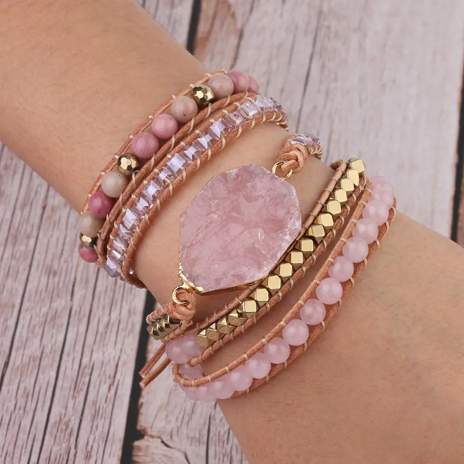 Rose Quartz Boho Wrap Bracelet for Love & Relationships