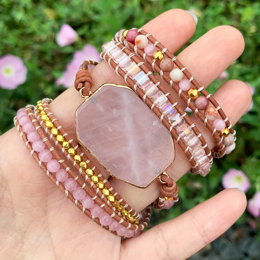 Rose Quartz Boho Wrap Bracelet for Love & Relationships
