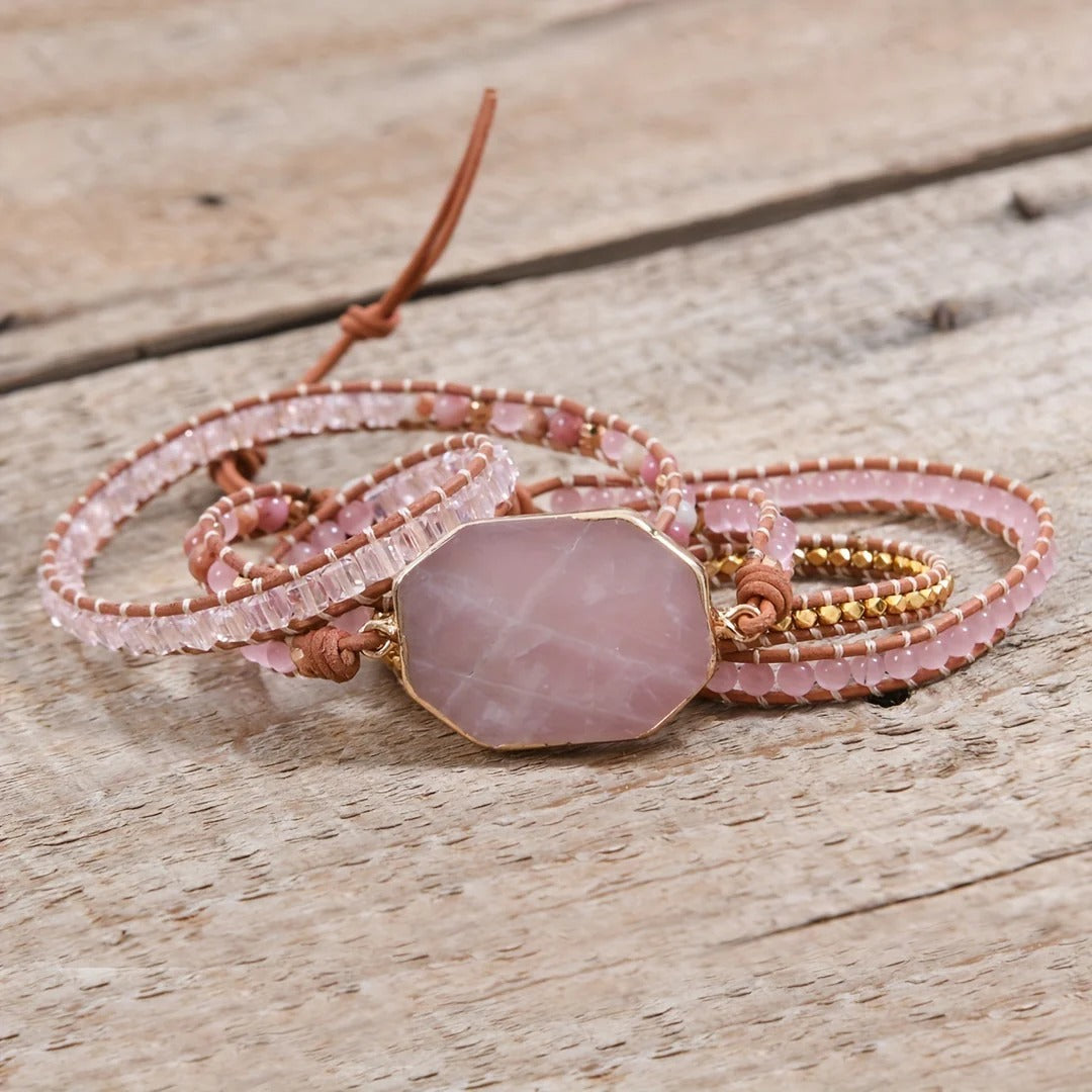 Rose Quartz Boho Wrap Bracelet for Love & Relationships