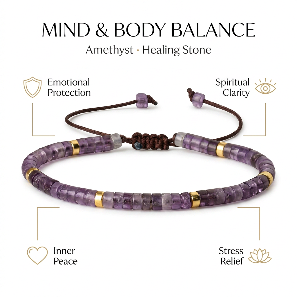 Amethyst Braided Bracelet (Balances mind & Body) - Infographic