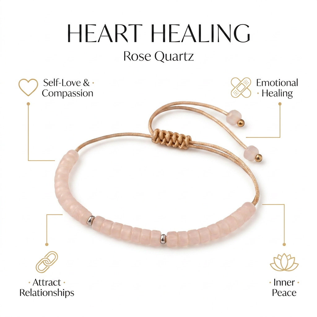 Rose Quartz Braided Bracelet (Heals Heart & Attracts Love) - Infographic