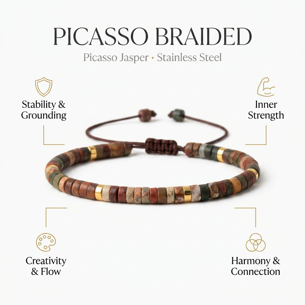 Picasso Braided Bracelet (Promoting stability & inner strength) - Infographic