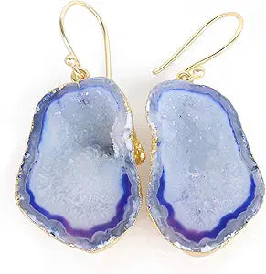 Geode Druzy Fish Hook Natural Gemstone Earrings