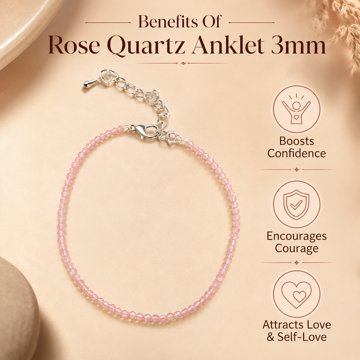 Rose Quartz Anklet 3mm – For confidence, courage & Love