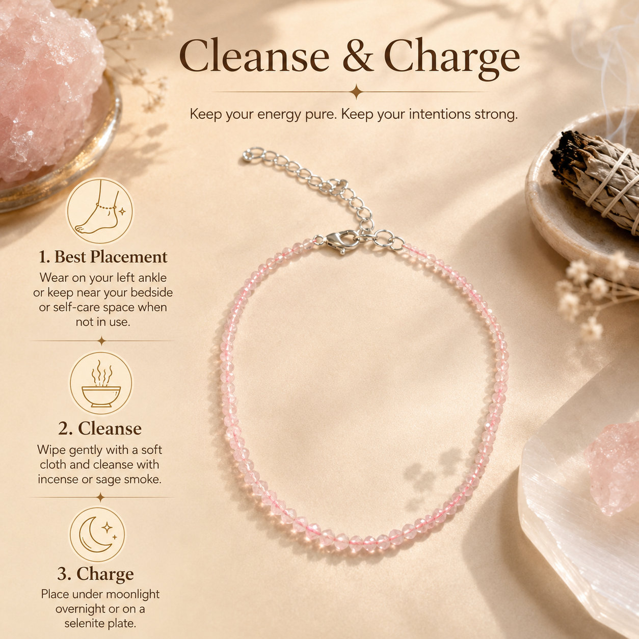 Rose Quartz Anklet 3mm – For confidence, courage & Love