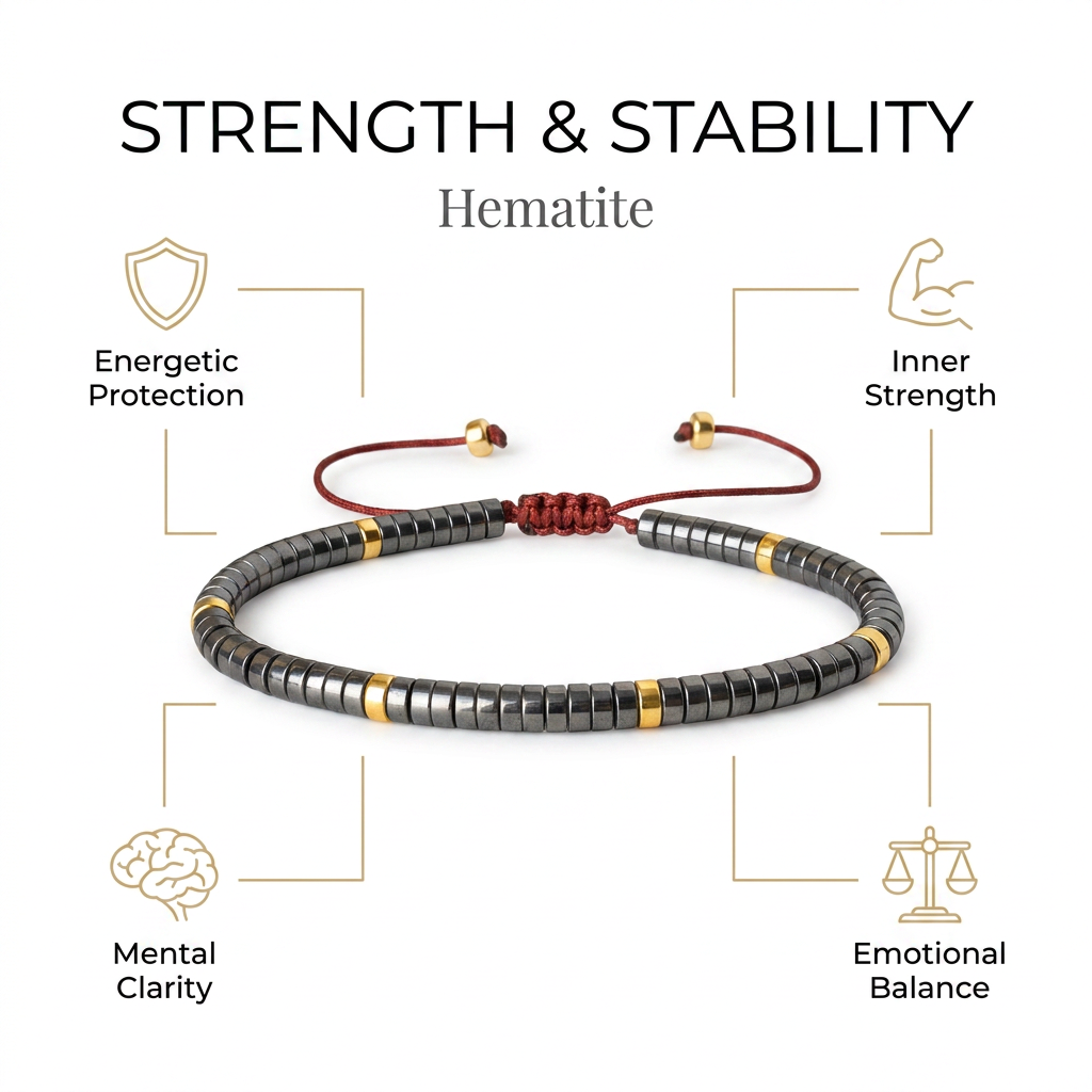 Hematite Braided Bracelet (For Strength, Stability, & Energetic) - Infographic