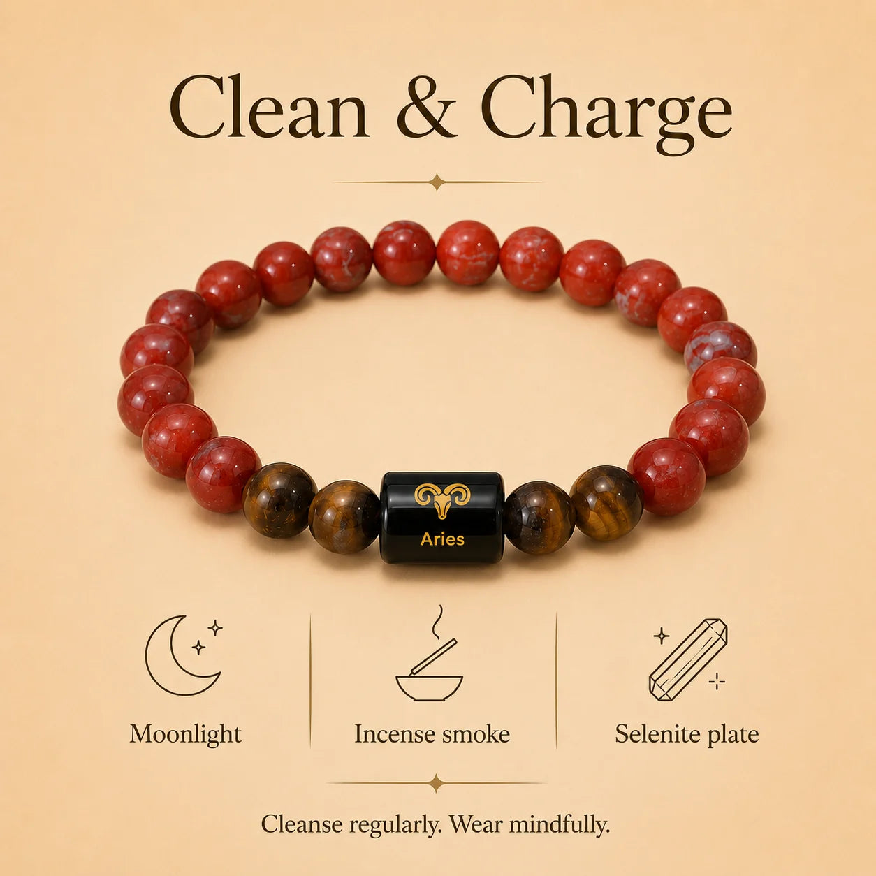 Aries ( मेष राशि) (Red carnelian and Tiger Eyes Zodiac Bracelet)