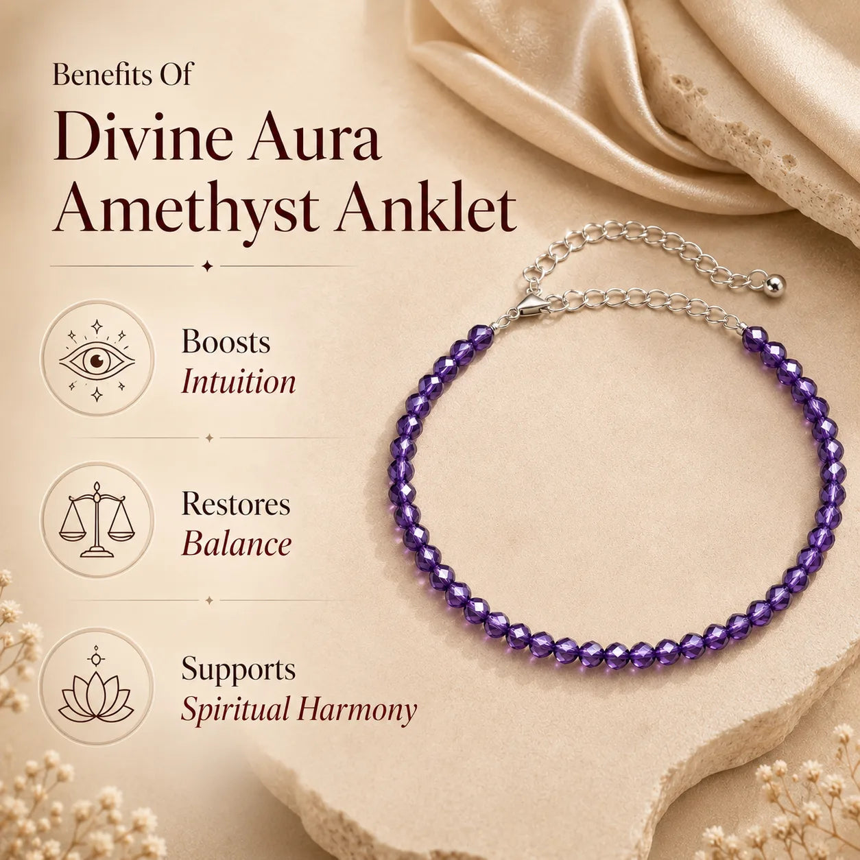 Divine Aura Amethyst Anklet 3mm – For intuition, balance & spiritual harmony