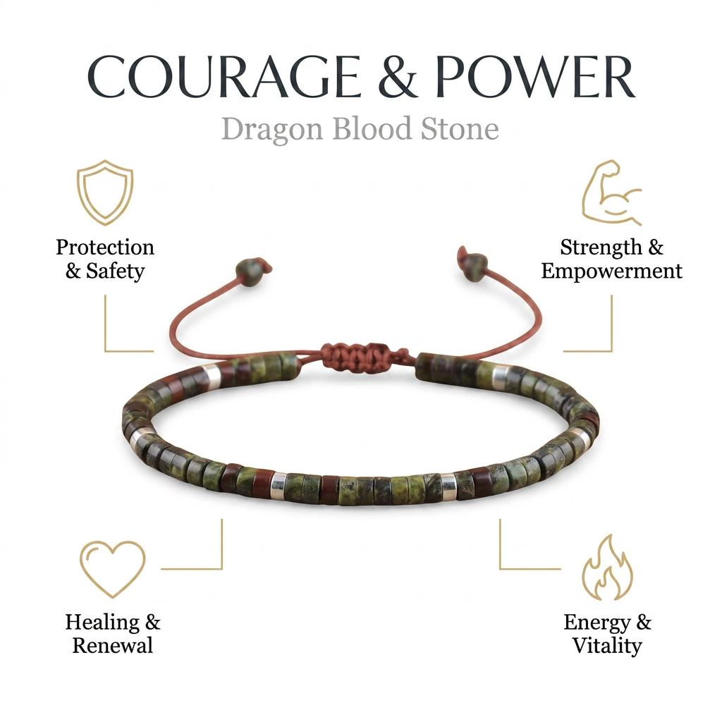 Dragon Blood Stone Braided Bracelet for Courage & Power - Infographic
