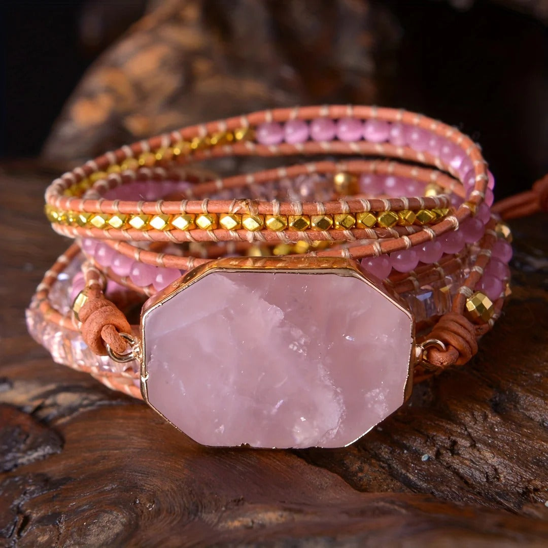 Rose Quartz Boho Wrap Bracelet for Love & Relationships