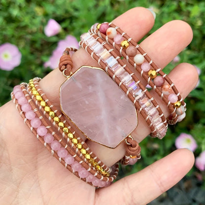 Rose Quartz Boho Wrap Bracelet for Love & Relationships