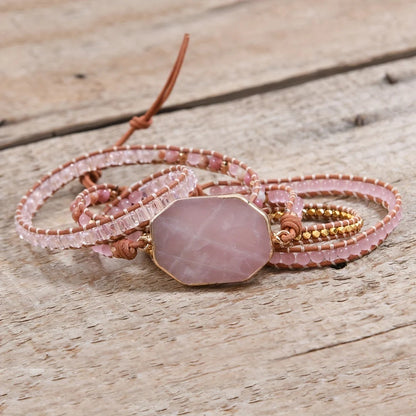 Rose Quartz Boho Wrap Bracelet for Love & Relationships