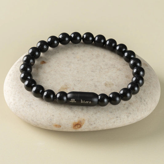 Black Tourmaline 8MM rounded beads bracelet - Stone of Protection, Grounding & Strength with Maglink