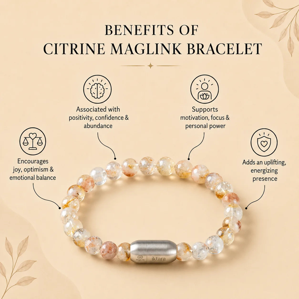 Citrine Round 8MM Bead Bracelet - Success & Abundance with Maglink