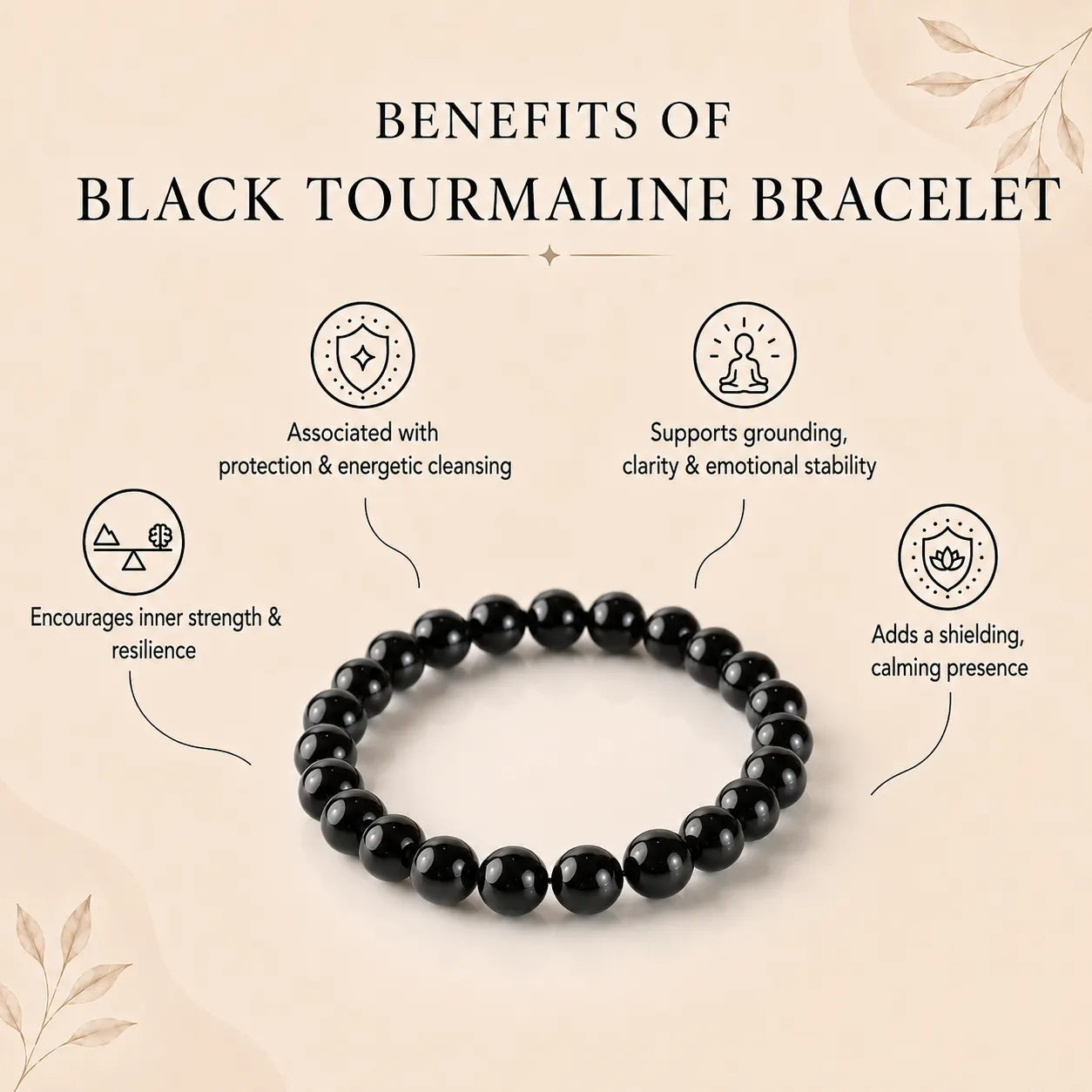 Black Tourmaline 8MM rounded beads bracelet - Stone of Protection, Grounding & Strength