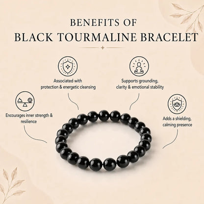 Black Tourmaline 8MM rounded beads bracelet - Stone of Protection, Grounding & Strength