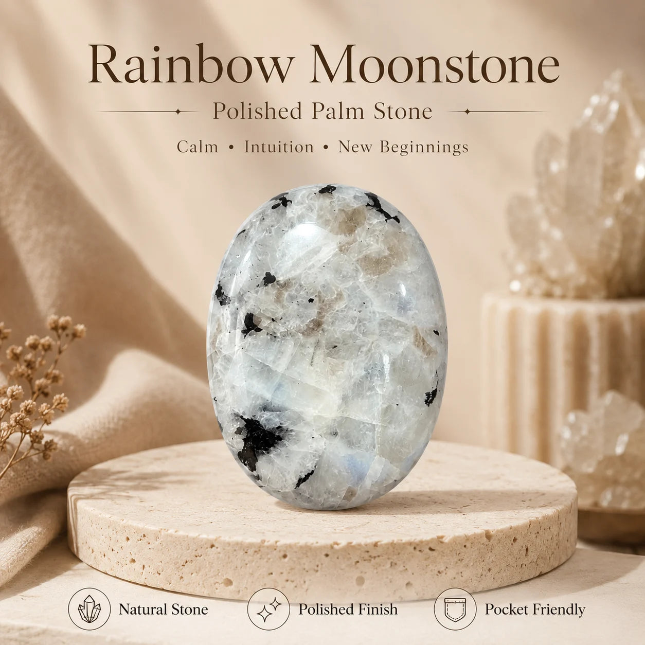 Rainbow Moonstone Polished Palm Stone – Calm, Intuition & New Beginnings