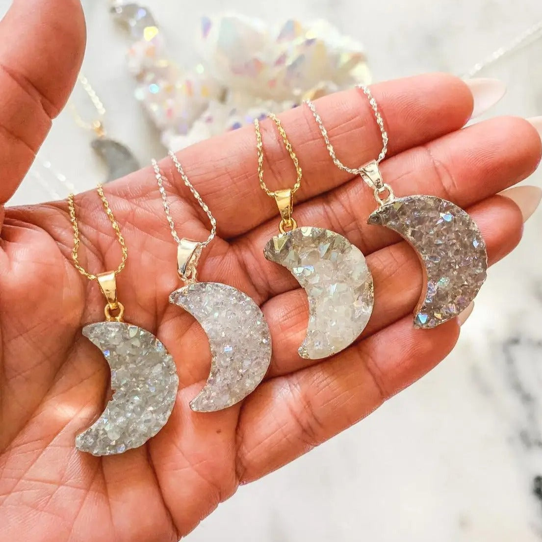 White Druzy Pendant in Golden S925 Chain