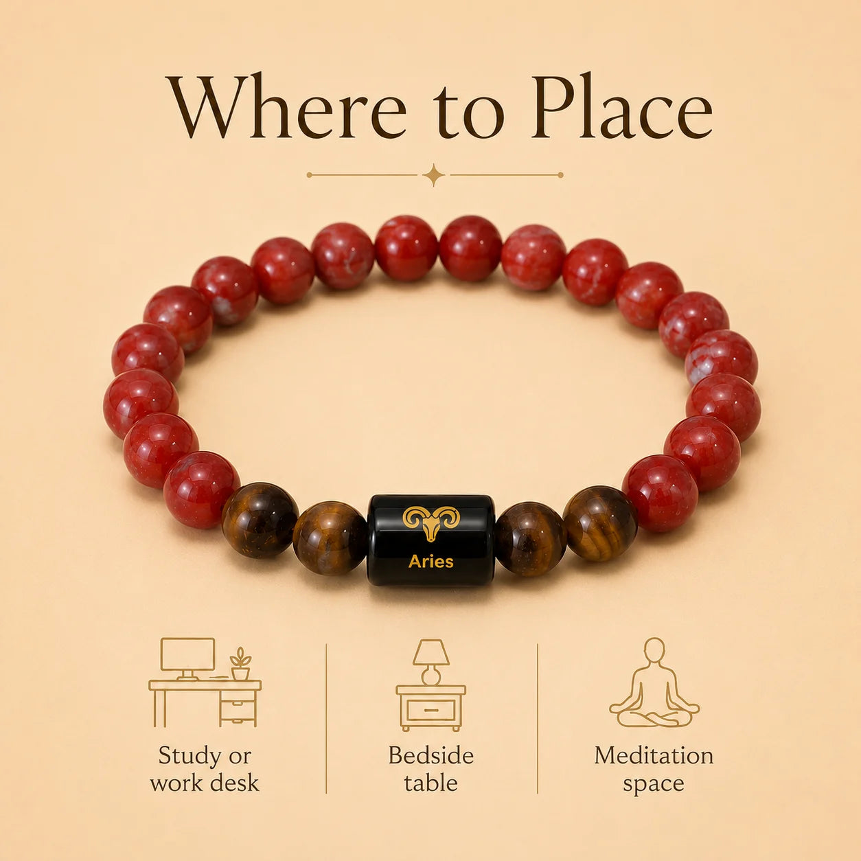 Aries ( मेष राशि) (Red carnelian and Tiger Eyes Zodiac Bracelet)